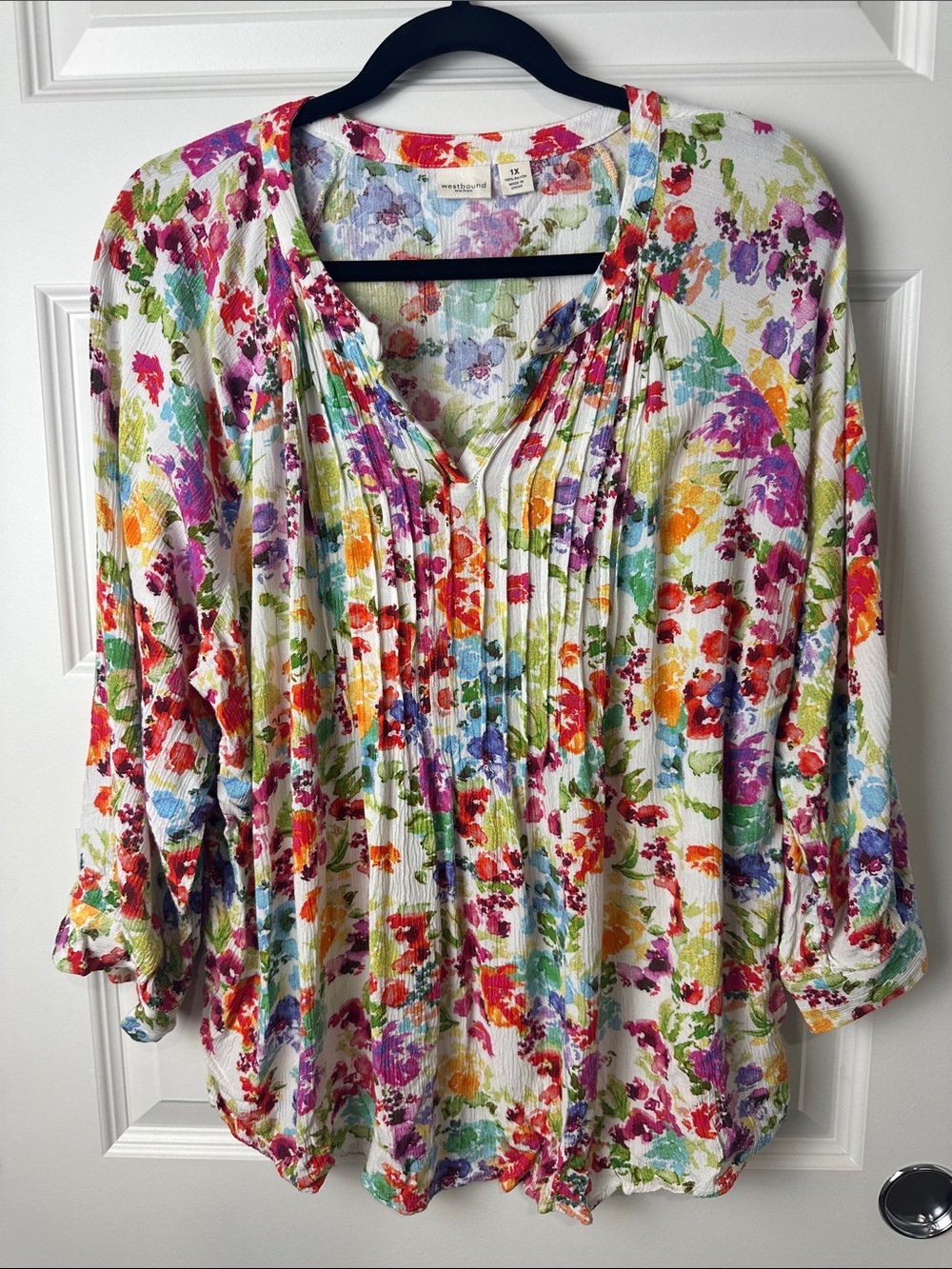 Westbound Bright Floral Pintuck Blouse - White/Multi 1X